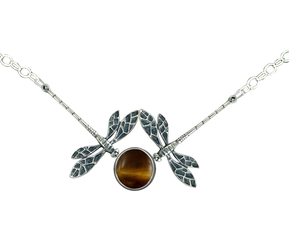 Sterling Silver Double Dragonfly Necklace With Tiger Eye